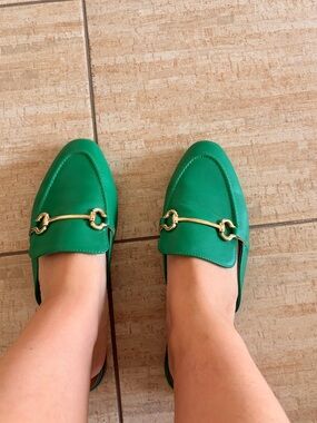 Green Women's Slip-On Loafers with Gold Bit Accent